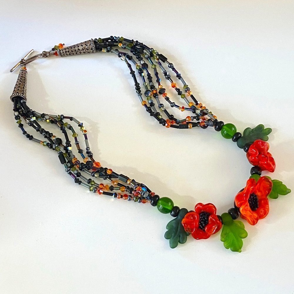Poppy Lampwork Crystal And 925 Silver Necklace One Of A Kind Handmade EUC